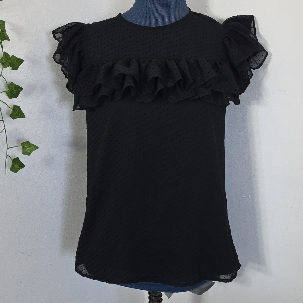 Shinestar Gold Black Sheer Overlay Swiss Dot Ruffle Top Size L